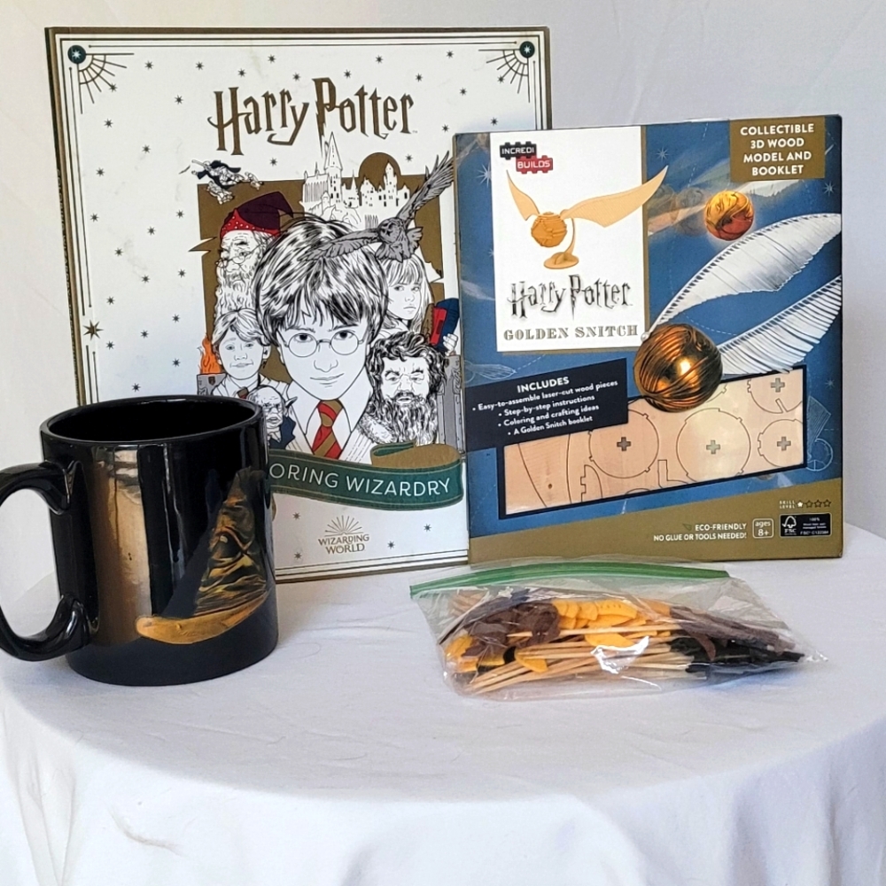 Harry Potter Bundle w/ Magic Mug, Coloring Book, Golden Snitch Wood Model